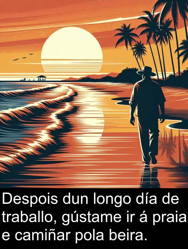 beira: Despois dun longo día de traballo, gústame ir á praia e camiñar pola beira.