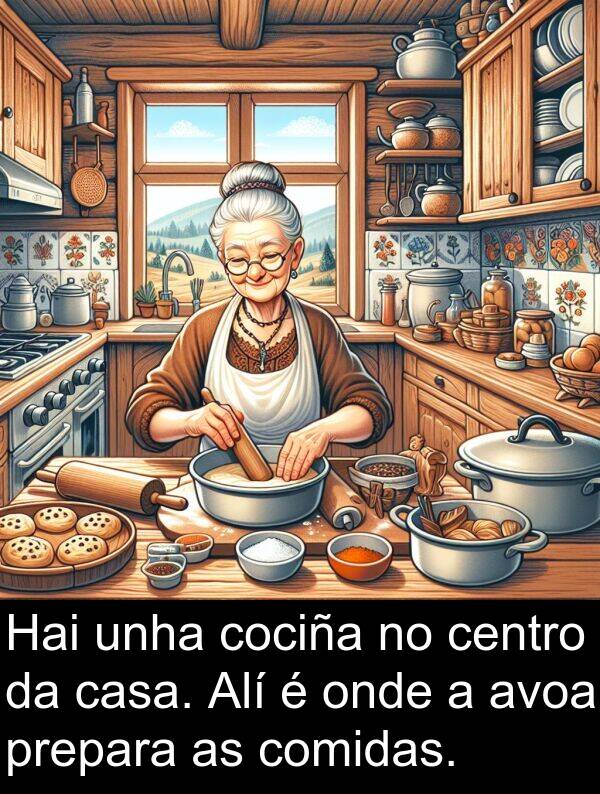 centro: Hai unha cociña no centro da casa. Alí é onde a avoa prepara as comidas.