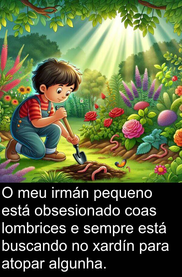 atopar: O meu irmán pequeno está obsesionado coas lombrices e sempre está buscando no xardín para atopar algunha.