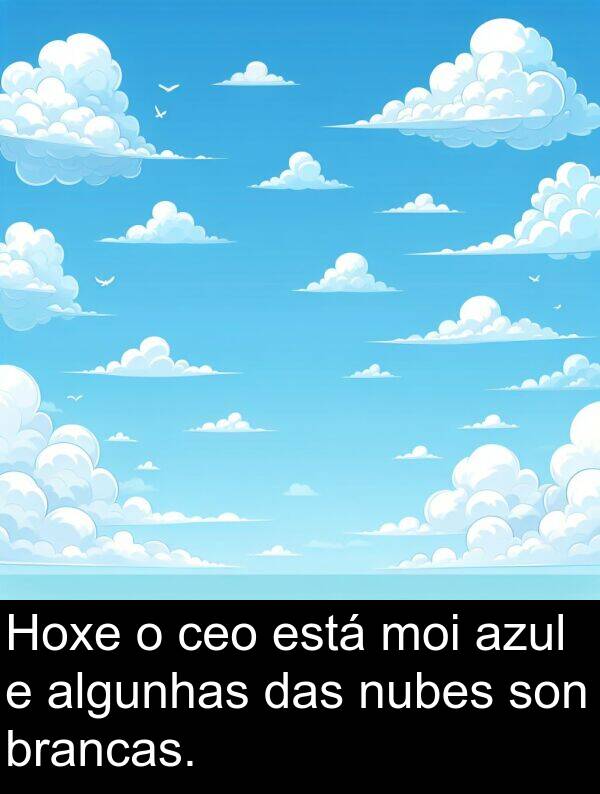brancas: Hoxe o ceo está moi azul e algunhas das nubes son brancas.