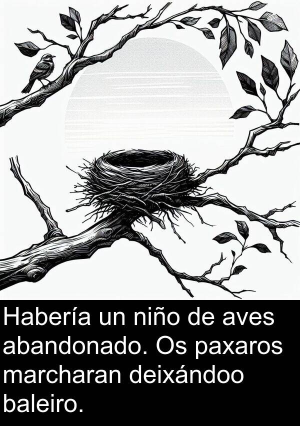 baleiro: Habería un niño de aves abandonado. Os paxaros marcharan deixándoo baleiro.