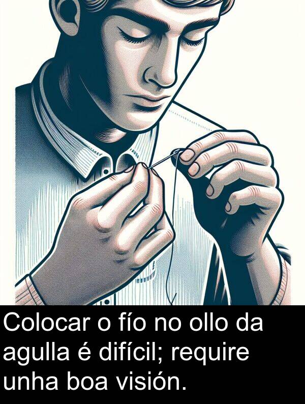 require: Colocar o fío no ollo da agulla é difícil; require unha boa visión.