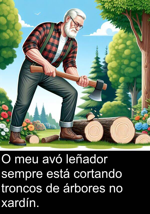 troncos: O meu avó leñador sempre está cortando troncos de árbores no xardín.