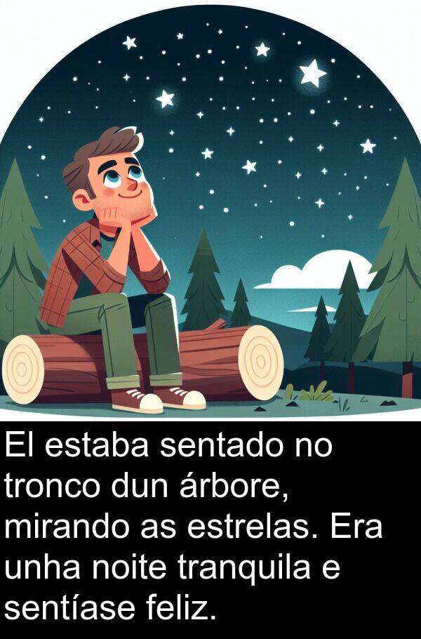 tranquila: El estaba sentado no tronco dun árbore, mirando as estrelas. Era unha noite tranquila e sentíase feliz.