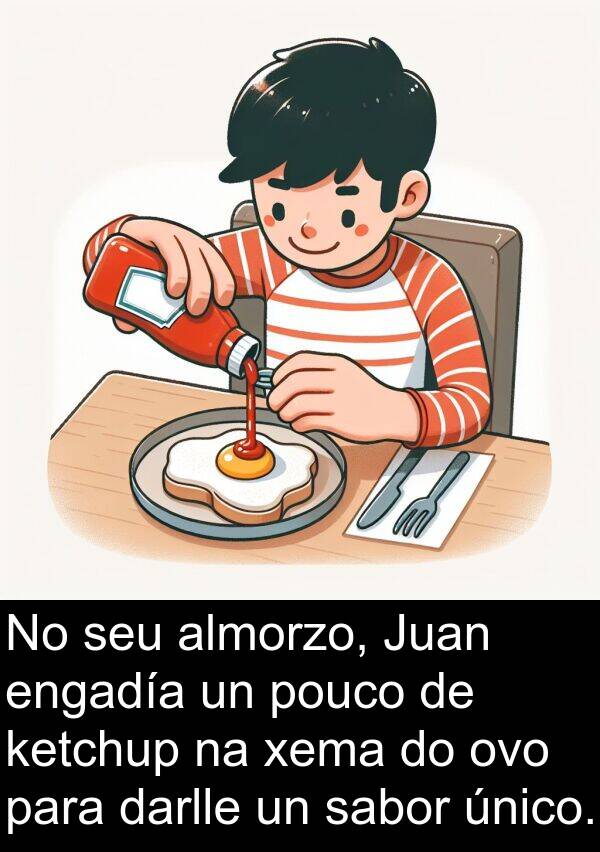 engadía: No seu almorzo, Juan engadía un pouco de ketchup na xema do ovo para darlle un sabor único.