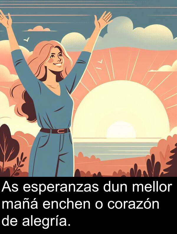 alegría: As esperanzas dun mellor mañá enchen o corazón de alegría.