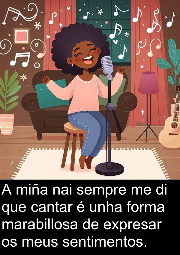 expresar: A miña nai sempre me di que cantar é unha forma marabillosa de expresar os meus sentimentos.