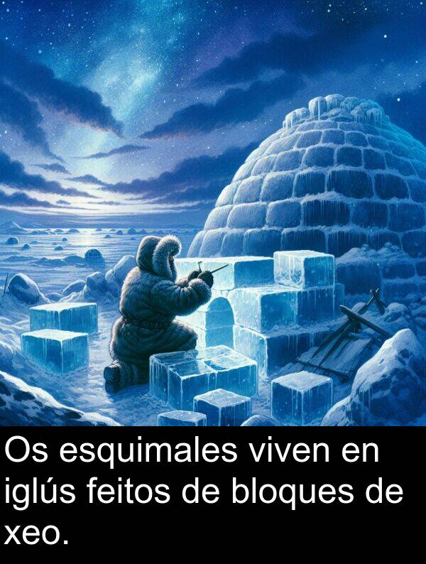 esquimales: Os esquimales viven en iglús feitos de bloques de xeo.