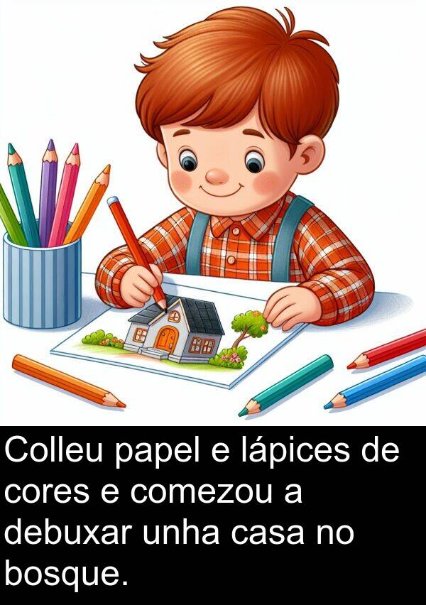cores: Colleu papel e lápices de cores e comezou a debuxar unha casa no bosque.