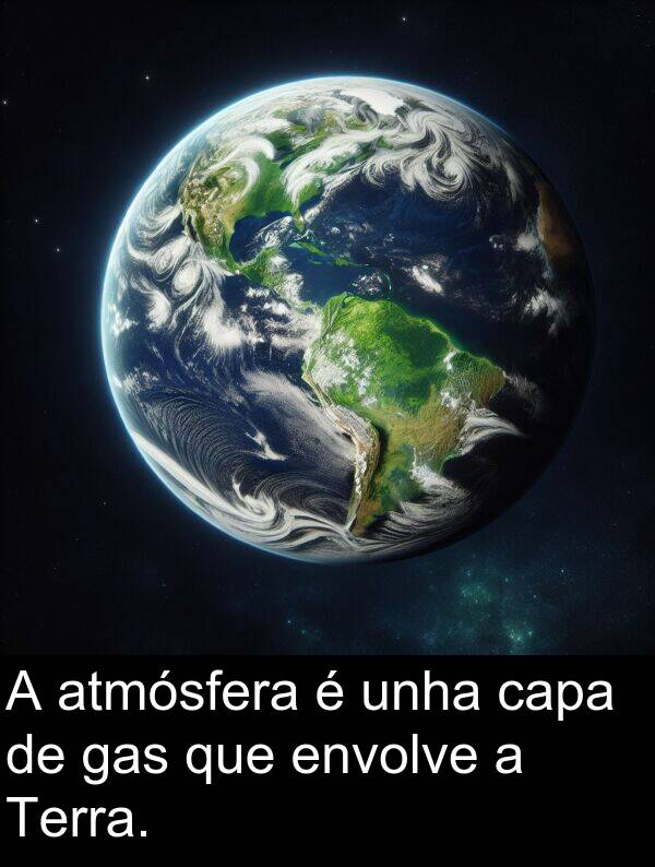 envolve: A atmósfera é unha capa de gas que envolve a Terra.