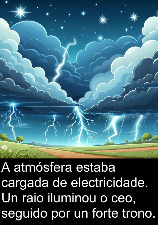 raio: A atmósfera estaba cargada de electricidade. Un raio iluminou o ceo, seguido por un forte trono.