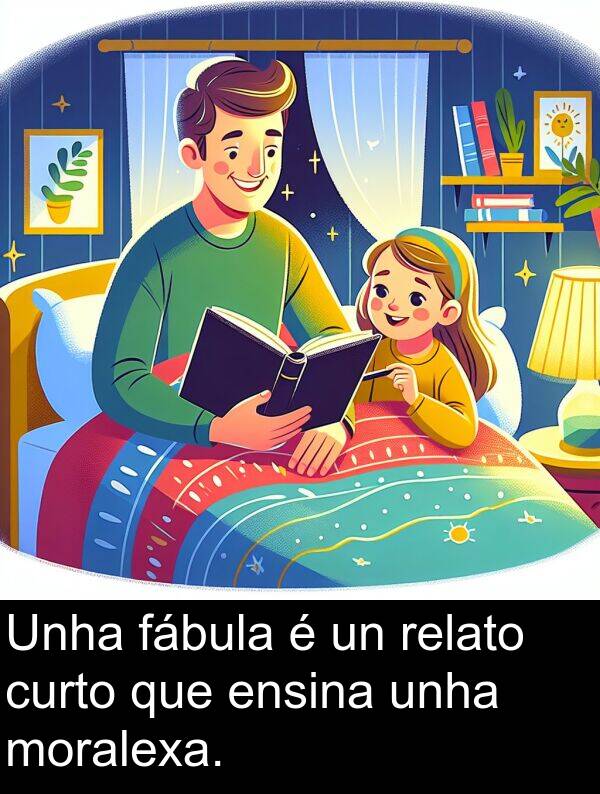 ensina: Unha fábula é un relato curto que ensina unha moralexa.