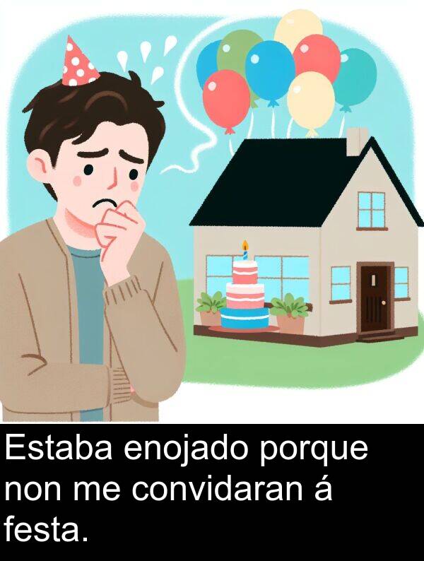 porque: Estaba enojado porque non me convidaran á festa.