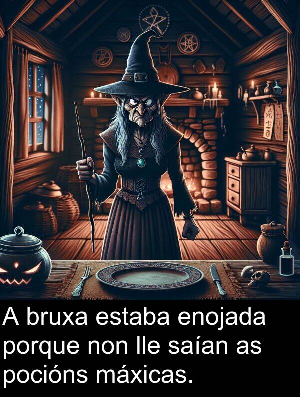porque: A bruxa estaba enojada porque non lle saían as pocións máxicas.