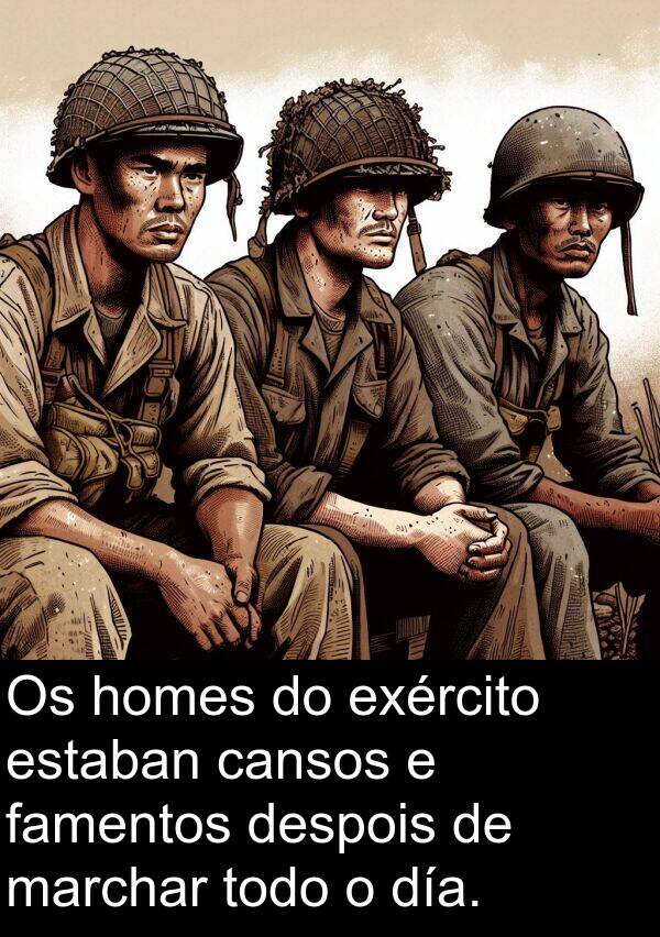 exército: Os homes do exército estaban cansos e famentos despois de marchar todo o día.