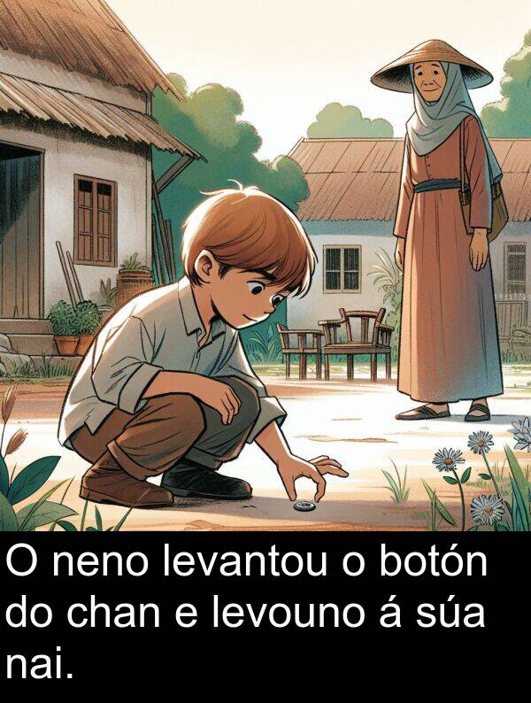 nai: O neno levantou o botón do chan e levouno á súa nai.