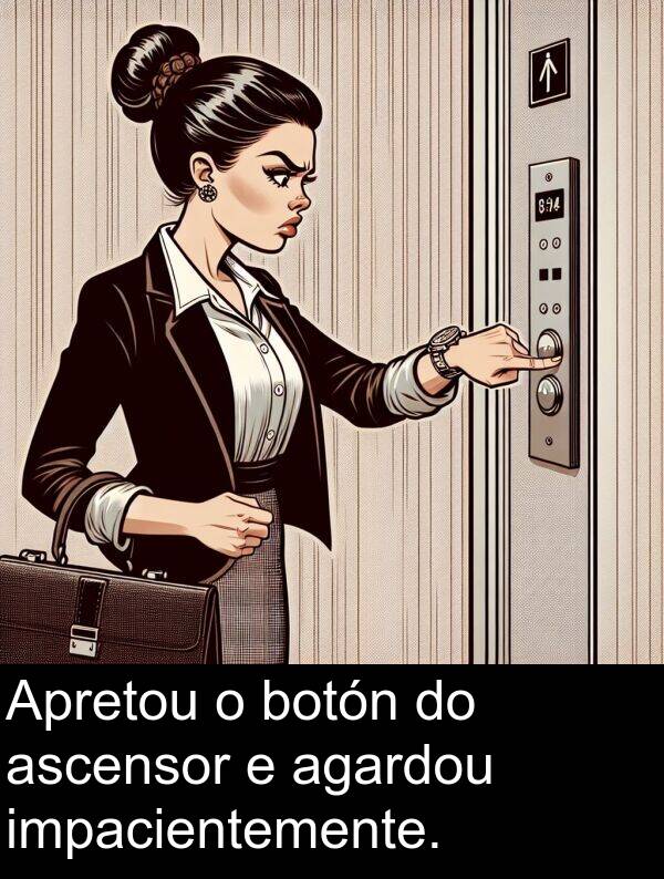 impacientemente: Apretou o botón do ascensor e agardou impacientemente.