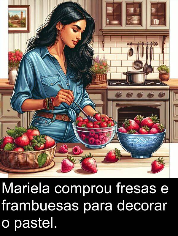 fresas: Mariela comprou fresas e frambuesas para decorar o pastel.