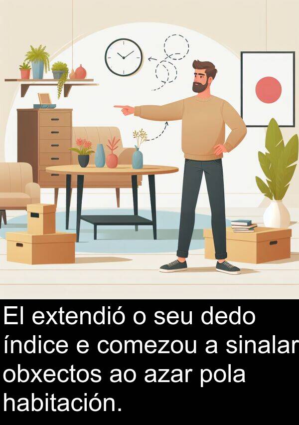 extendió: El extendió o seu dedo índice e comezou a sinalar obxectos ao azar pola habitación.