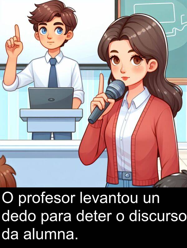 discurso: O profesor levantou un dedo para deter o discurso da alumna.