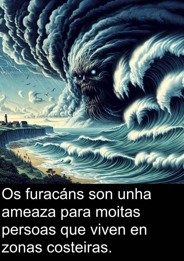 ameaza: Os furacáns son unha ameaza para moitas persoas que viven en zonas costeiras.