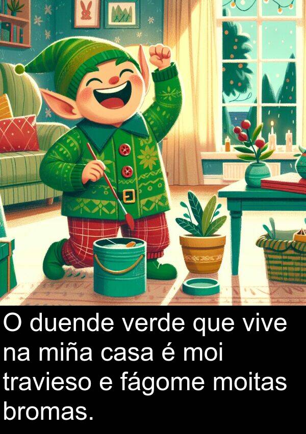 bromas: O duende verde que vive na miña casa é moi travieso e fágome moitas bromas.