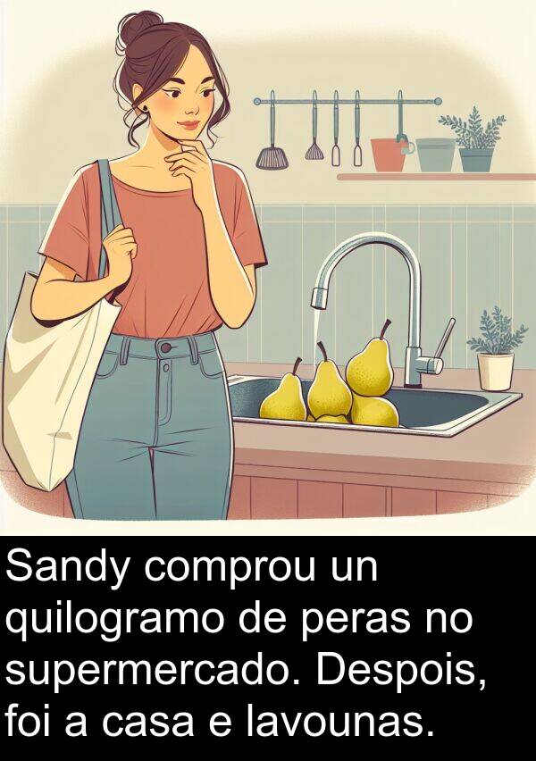 supermercado: Sandy comprou un quilogramo de peras no supermercado. Despois, foi a casa e lavounas.