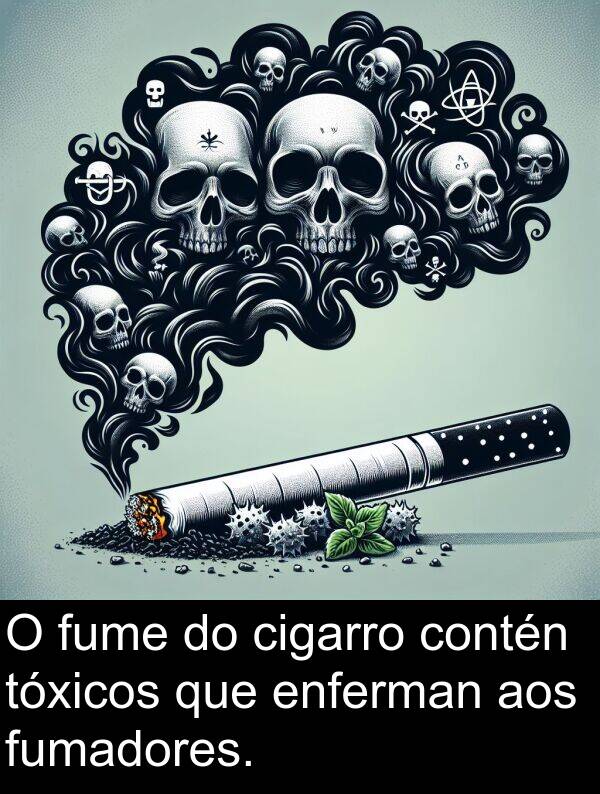 contén: O fume do cigarro contén tóxicos que enferman aos fumadores.