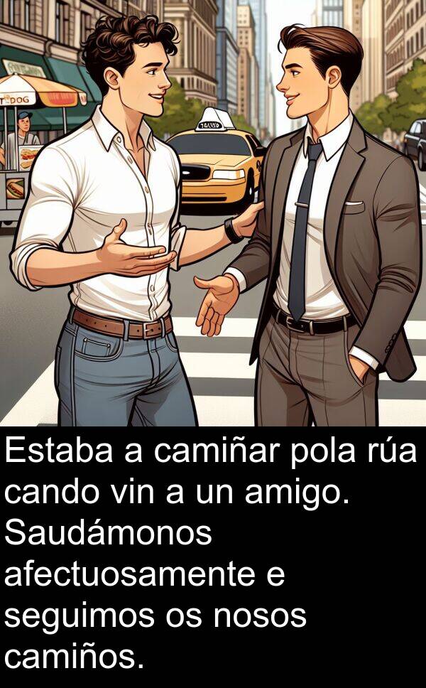 amigo: Estaba a camiñar pola rúa cando vin a un amigo. Saudámonos afectuosamente e seguimos os nosos camiños.