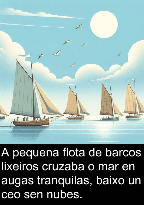 flota: A pequena flota de barcos lixeiros cruzaba o mar en augas tranquilas, baixo un ceo sen nubes.