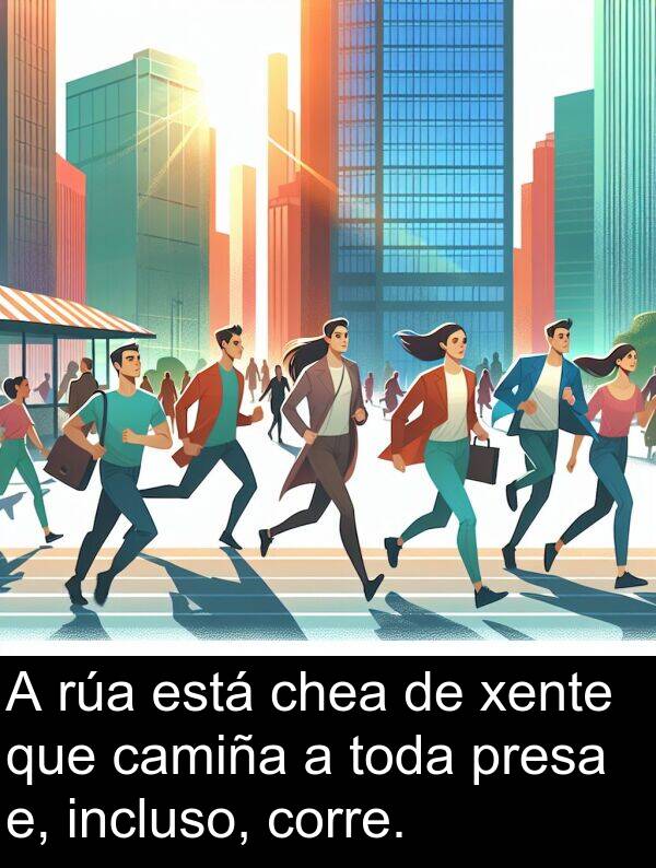 corre: A rúa está chea de xente que camiña a toda presa e, incluso, corre.