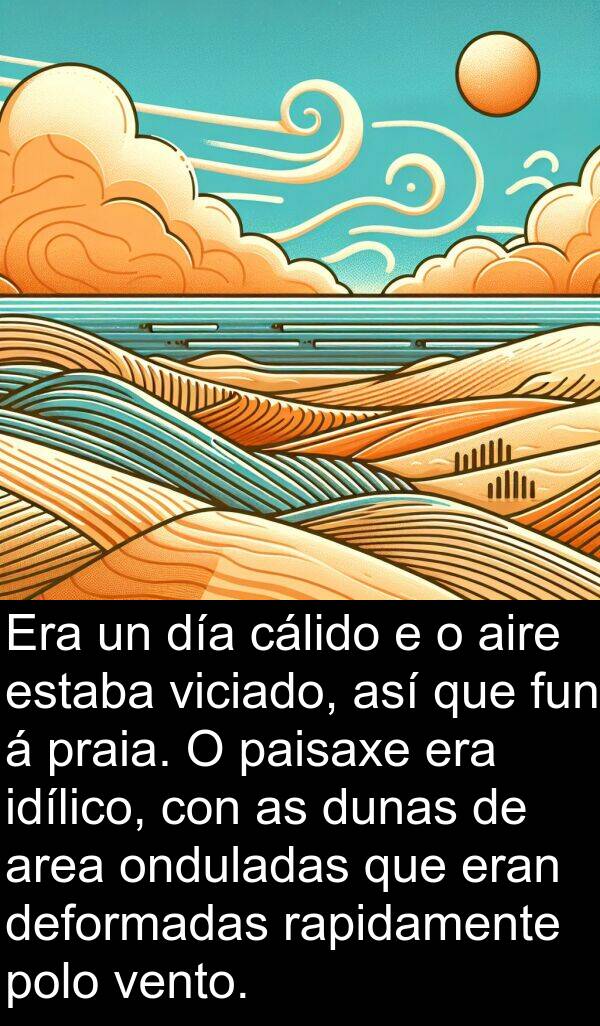 dunas: Era un día cálido e o aire estaba viciado, así que fun á praia. O paisaxe era idílico, con as dunas de area onduladas que eran deformadas rapidamente polo vento.