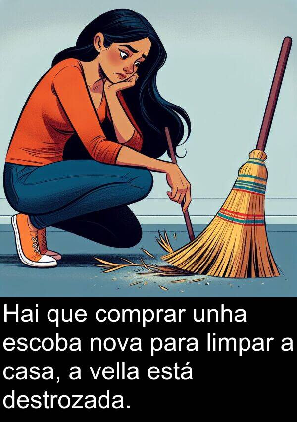 escoba: Hai que comprar unha escoba nova para limpar a casa, a vella está destrozada.
