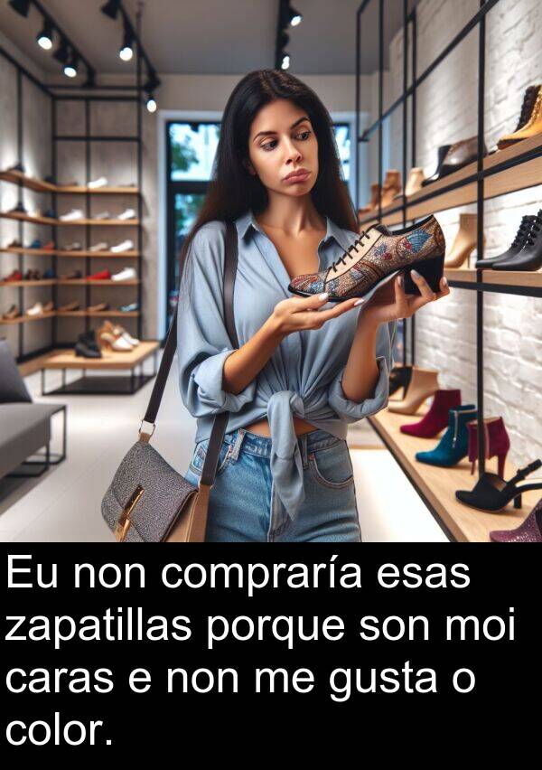 porque: Eu non compraría esas zapatillas porque son moi caras e non me gusta o color.