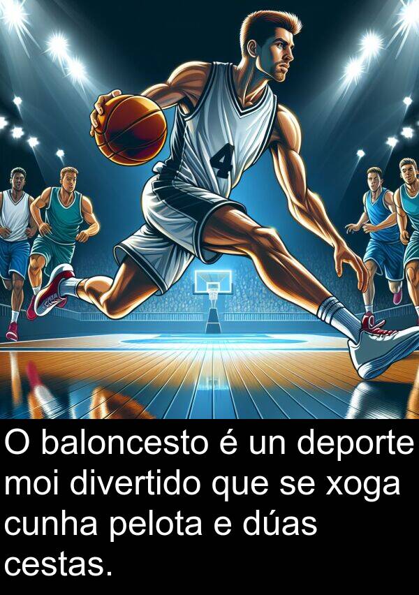 divertido: O baloncesto é un deporte moi divertido que se xoga cunha pelota e dúas cestas.