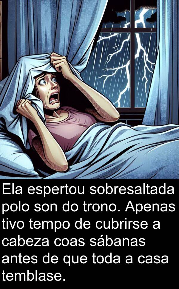 espertou: Ela espertou sobresaltada polo son do trono. Apenas tivo tempo de cubrirse a cabeza coas sábanas antes de que toda a casa temblase.