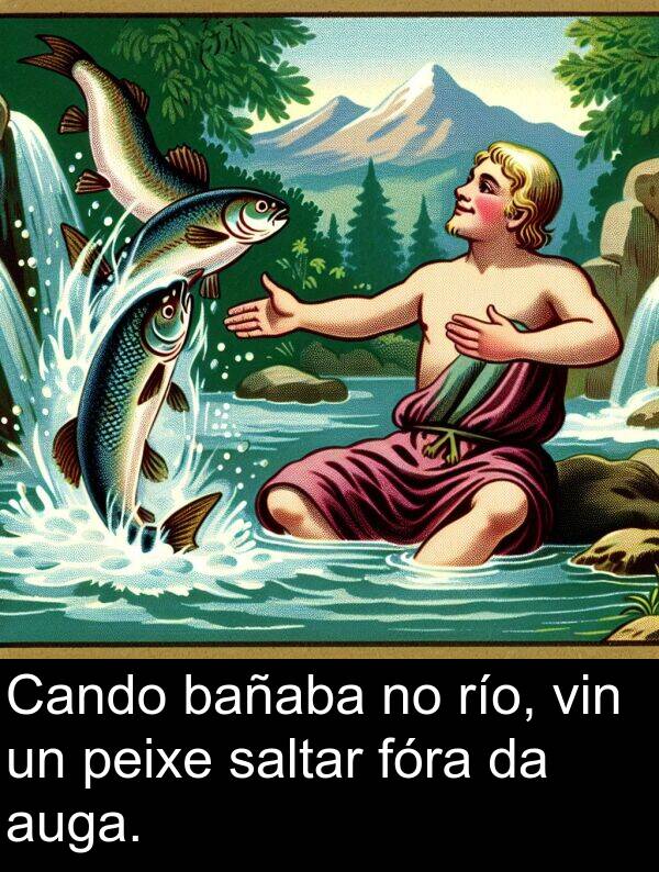 río: Cando bañaba no río, vin un peixe saltar fóra da auga.