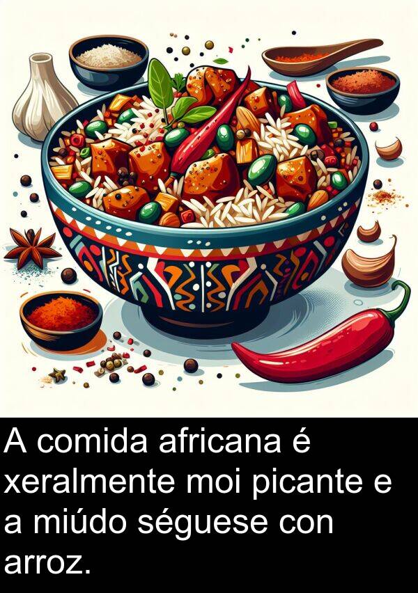 arroz: A comida africana é xeralmente moi picante e a miúdo séguese con arroz.