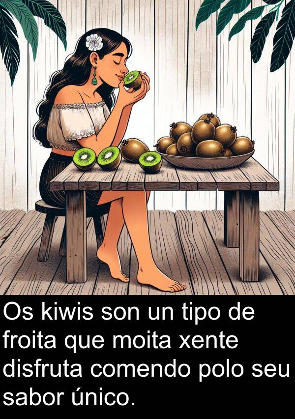 froita: Os kiwis son un tipo de froita que moita xente disfruta comendo polo seu sabor único.