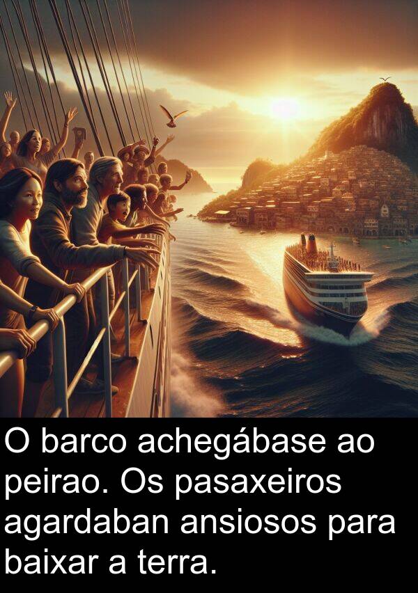 terra: O barco achegábase ao peirao. Os pasaxeiros agardaban ansiosos para baixar a terra.
