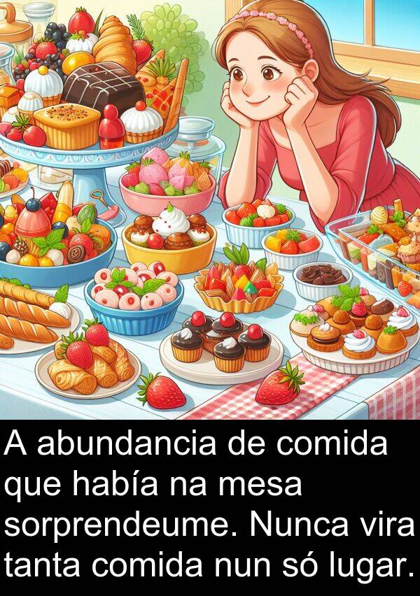 mesa: A abundancia de comida que había na mesa sorprendeume. Nunca vira tanta comida nun só lugar.