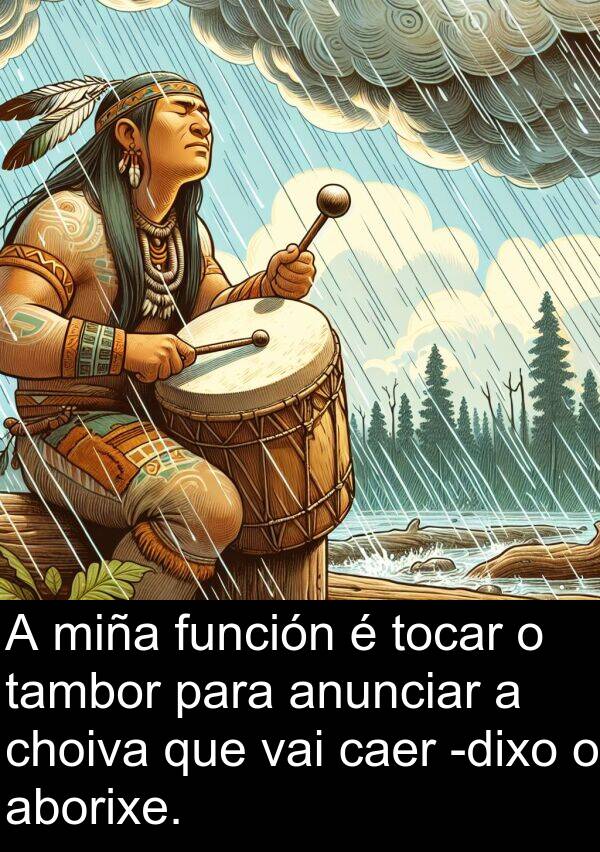 función: A miña función é tocar o tambor para anunciar a choiva que vai caer -dixo o aborixe.