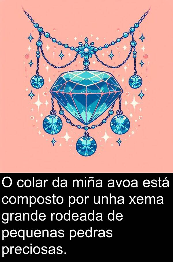 rodeada: O colar da miña avoa está composto por unha xema grande rodeada de pequenas pedras preciosas.