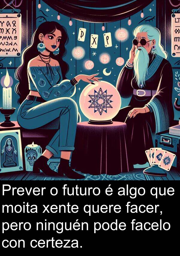futuro: Prever o futuro é algo que moita xente quere facer, pero ninguén pode facelo con certeza.
