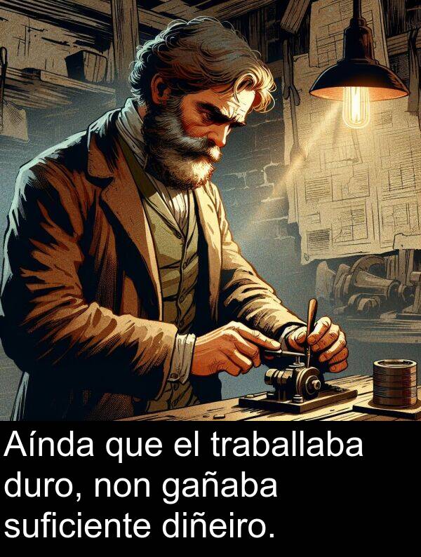 duro: Aínda que el traballaba duro, non gañaba suficiente diñeiro.