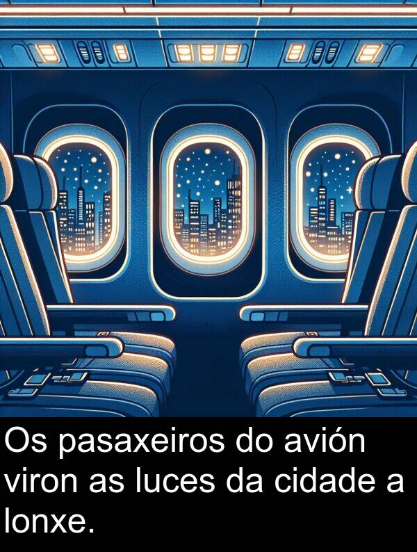 pasaxeiros: Os pasaxeiros do avión viron as luces da cidade a lonxe.