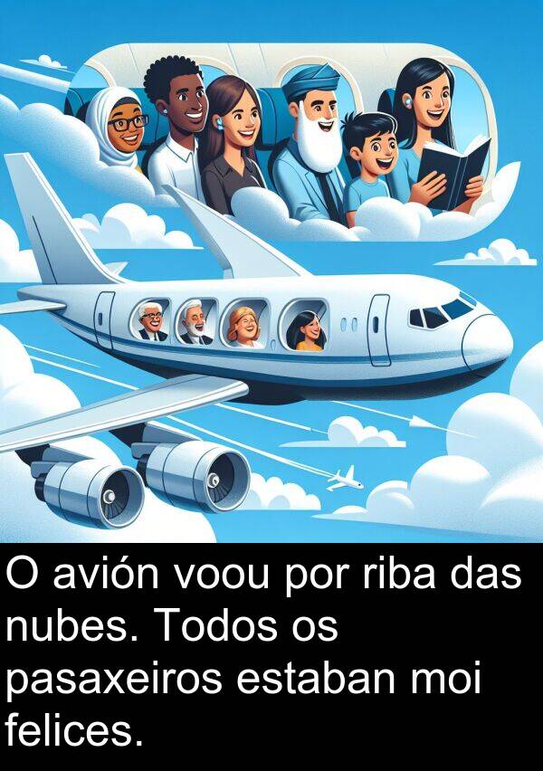 riba: O avión voou por riba das nubes. Todos os pasaxeiros estaban moi felices.