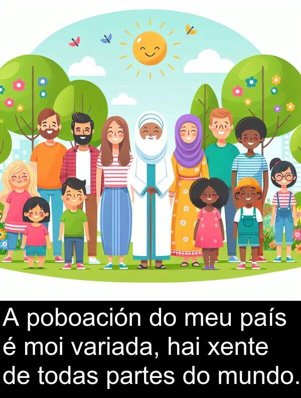 poboación: A poboación do meu país é moi variada, hai xente de todas partes do mundo.