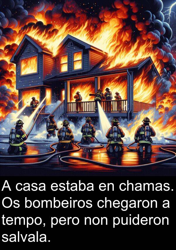 bombeiros: A casa estaba en chamas. Os bombeiros chegaron a tempo, pero non puideron salvala.