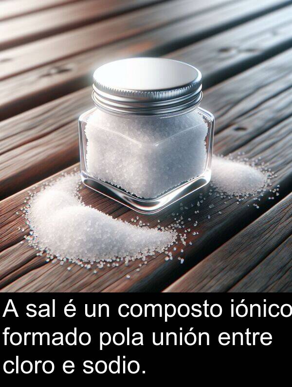 formado: A sal é un composto iónico formado pola unión entre cloro e sodio.